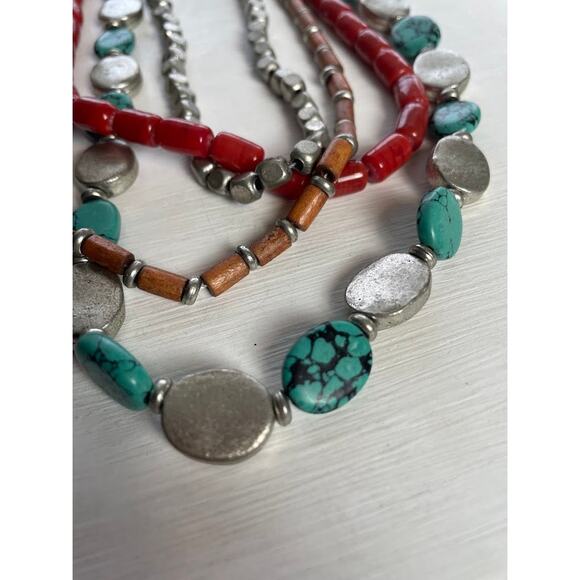 Navajo Multi-strand Necklace Turquoise Wood Bead Silver Oval Western Jewelry - Picture 6 of 9
